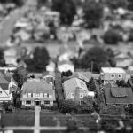 Aerial photo of an American suburban neighborhood in black and white